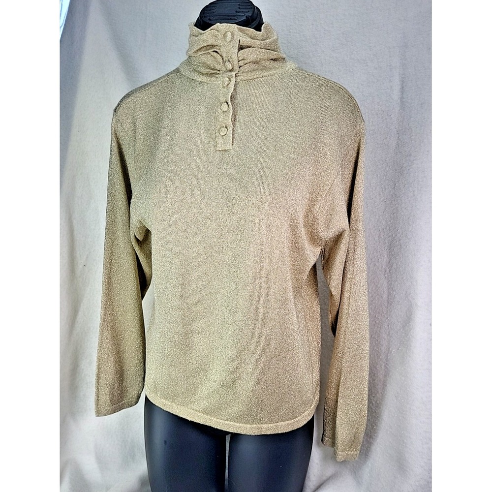 Vintage Talbots Gold Shirt Blouse Petite Medium Button Turtle Neck Sparkle PM